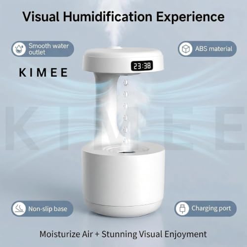 Image of KIMEE Anti-Gravity Water Drop Humidifier with LED Display, 800ML Ultrasonic Quiet Cool Mist Maker Fogger, Desktop Air Humidifier with Digital Clock for Office, Bedroom, and Living Room