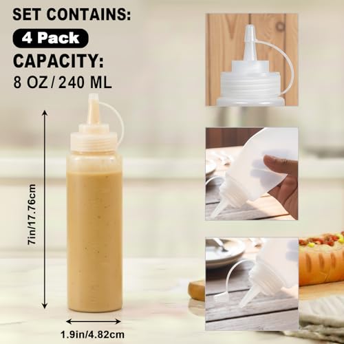 OAMCEG 4 Stück Squeeze Flaschen, 240ml 8oz Kunststoff Gewürz Squeeze Würzpressflaschen Squirt Flaschen mit Diskreten Messungen, für Ketchup, BBQ, Saucen, Sirup, Gewürze, Dressings, Farbe