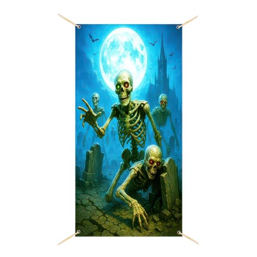 Image of BlissYard Halloween Skeleton Graveyard Door Cover 35x71 Inch Polyester | Entry Banner, Wall Backdrop | Skeleton Graveyard Door Decor, Party Scene | Porch, Hallway, Photos (Haunted House)