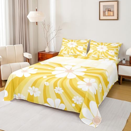 Image of Cartoon Flowers Bed Sheet Queen Set Yellow Stripes Sheets Sets Adults Bedroom Decor Daisy Microfiber Bedding Set with Flat,Fitted Sheet,2 Pillow Cases