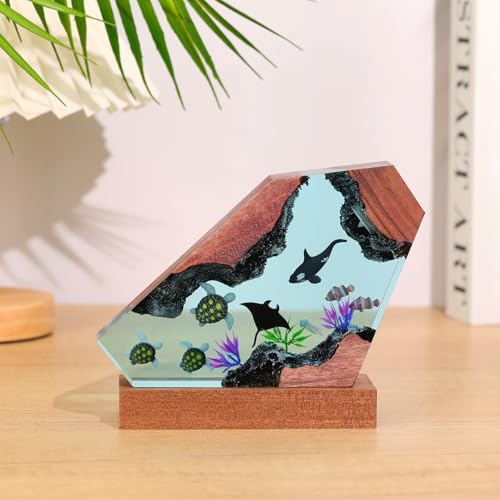 Image of Drawelry Ocean Creative Epoxy Resin Wood Light Lamp, Handmade Multi Color Aquatic Ocean Lamp Deep Sea Cave Diving Enthusiasts Led Night Light Desktop Decor Birthday Gift (Turtle, M)