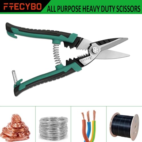 Image of Heavy Duty Industrial Scissors 8.5'', Electrician Scissors with Finely Serrated CR-V Powerful Blades, Easy Cutting Wires, Cardboard, Plastic, Carpet, Wire Stripping and Crimping