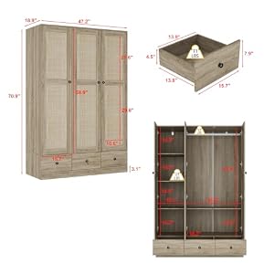 Homsee 3-Door Rttan Wardrobe Armoire Closet, Bedroom Cabinet Armoire with 3 Rattan Doors, 3 Drawers, Hanging Bar & 6 Shelves, Light Brown Homsee 3 Door Rttan Wardrobe Armoire Closet Bedroom Cabinet Armoire with 3 Rattan Doors 3 Drawers Hanging Bar 6 Shelves Light Brown