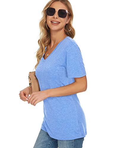 Todolor V Neck T Shirts For Women Short Sleeve Loose Casual Tshirts Basic Tees Sky Blue Xl #TOP2