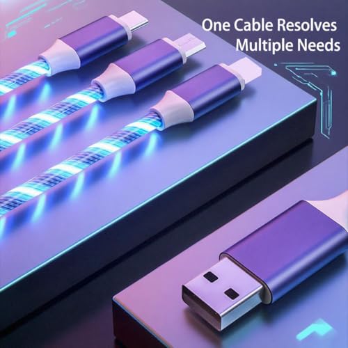 Image of 3 Combinations Multi Ports USB Charger Cable A to Micro USB /Type C PD Fast Charging Cord Light Up LED Current to be a Night Light Compatible with Most of Devices-39 inches Blue.