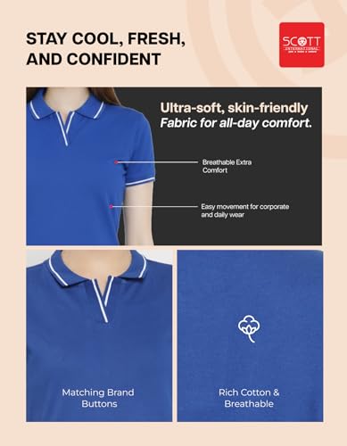 Image of Scott International Women's Cotton Polo T-Shirt | Half Sleeve Plain Collar Tee | Stylish Casual Top | Plain T-Shirt for Girls | Workwear for Office & Casual Wear