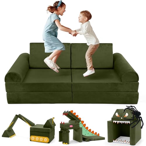 Image of Kidirect Modular Kids Play Couch, K8 Kids Couch for Playroom, 350+ DIY Toddler Sofa Set, 8pcs Playroom Furniture for Toddlers, Convertible Play Fort for Child, Gifts for Boys and Girls, Olive Green