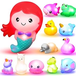 JOYIN 12 PCS Light Up Bath Toys, Toddler Flashing Colourful LED Bathtub Mermaid Toy, Baby Bathtime Floating Rubber Shower Gifts for Infant Kids Boy Girl Birthday Valentines Swimming Pool Party