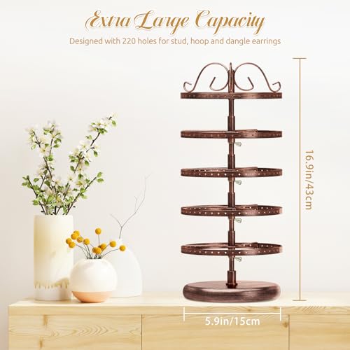 MODOWEY 5 Tiers Metal Rotating Earring Holder Organizer, Exquisite Jewelry Display Stand Necklace Rack Holder, 220 Holes for Earrings- 14x6.3 Inch (Bronze)