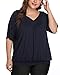 andy & natalie Women's Plus Size Tops Pleated V Neck Loose Baggy Blouse T Shirts Blue