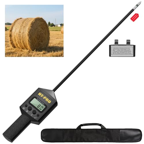 Hay Moisture Tester with 20 Probe Moisture & Temperature Meter for Round and Square Hay Bales Fast Backlit Readings Calibration Clip Included Black