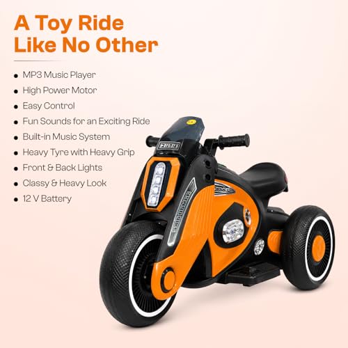 Image of Toyzone Rambo Electric Bike (Orange) |12V Rechargeable Bike for Kids with 4.5Ah Battery | LED Lights, Music, MP3| Smooth Acceleration | 6M Battery Warranty | for Big Kids Age 4-12 Years, Up to 35kg