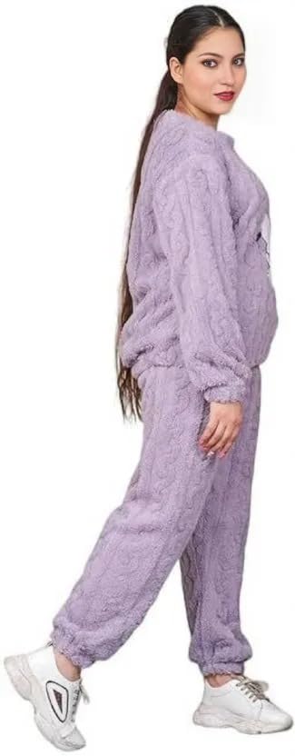 Image of Women's Fur Long Sleeve Nightsuit | Regular Fit Warm Top and Pyjama Set | Winter Wear Sweatpant Set for Women