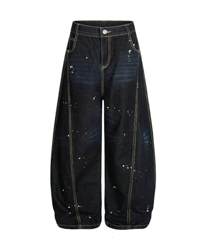Unisex Wide Leg Barrel Jeans Vintage Paint Splatter Washed Loose Fit High Waisted Denim Pants Streetwear - Main Image