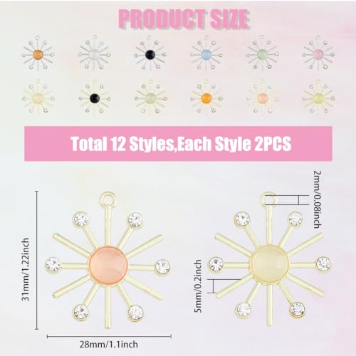SUPERFINDINGS 24Pcs 12 Colors Cat Eye Sun Pendants Alloy Sunflower Charms with Crystal Rhinestone Dangle Pendants for DIY Bracelet Necklace Earring Jewelry Making - Image 2