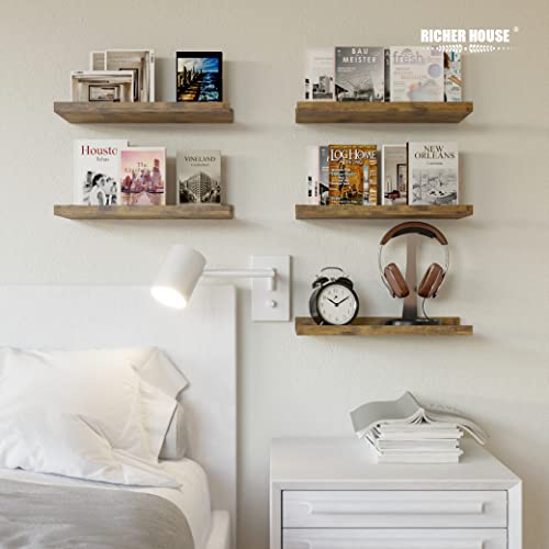 Richer House 5 Set Floating Shelves For Wall Decor, Wall Mounted Book Shelf, Nursery Shelves Picture Ledge Shelf With Lip For Wall Storage, Bedroom, Living Room, Bathroom - Brown #TOP3