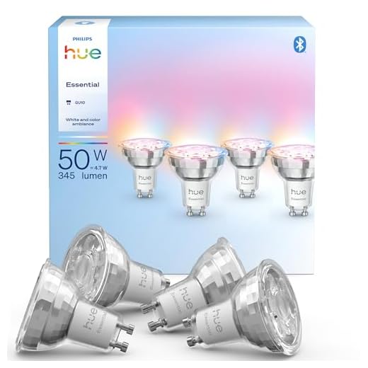Philips Hue Essential Spot LED Connecté GU10, White and Color Ambiance, 4,7 W, 2200-6500 K, 345 lumens, intensité réglable, compatible Alexa, Google Assistant et Apple Home, pack de 4