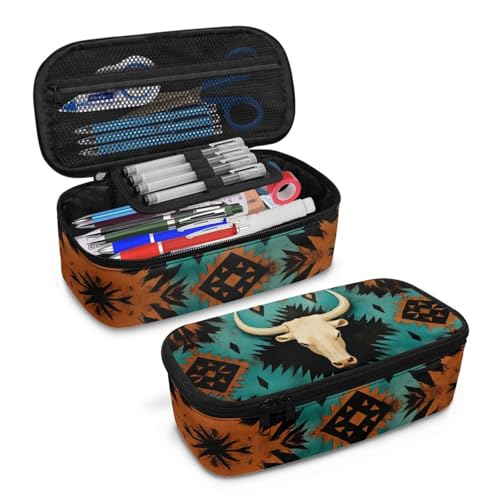 Image of Aztec Western Sheepshead Pencil Case for Kids Large Pencil Pouch for Boys Girls Lightweight Pencil Container for Children 3-18 Pencil Bag for Travelling Camping Hiking Handbag