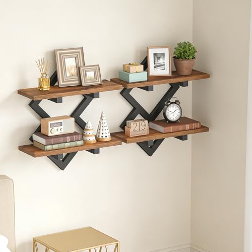HOOBRO 15" Floating Shelves for Wall, Set of 2 Wall shelf, 2-Tier Hanging Shelves, Wall Mounted Storage Shelf, Display Rack, for Living Room Bedroom Kitchen Bathroom, Rustic Brown and Black
