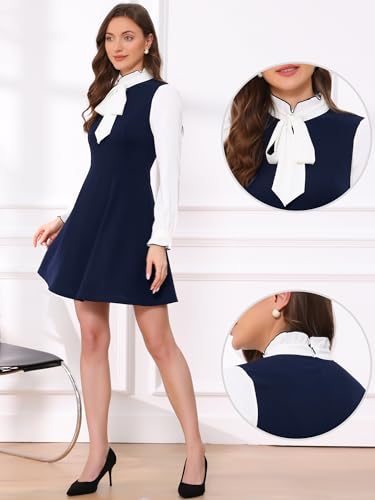 Image of Allegra K Tie Neck Dresses for Women's 1960s Vintage Long Sleeve Contrast Color Dress