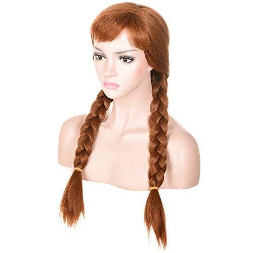 morvally Women’s Light Brown Synthetic Hair Wigs with Two Long Braided Pigtails for Woman Cosplay, Halloween, Costume, Party