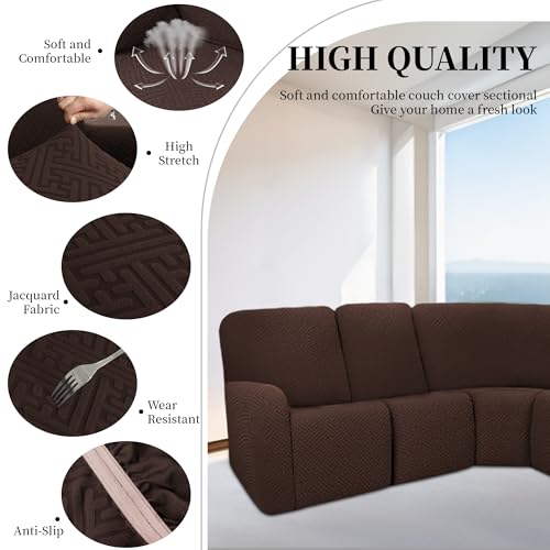 ROFASVCO 100% Waterproof Sectional Recliner Couch Covers for Reclining Couch L Shaped Corner Sectional Sofa Cover Jacquard Stretch L Shape Recliner Slipcovers (5 Seater Cover, Dark Brown) by ROFASVCO - Used condition - Image 5
