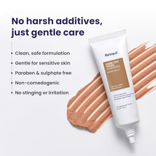 RE' EQUIL Sheer Zinc Tinted Sunscreen, 100% Mineral-Based Sunscreen UVA, UBV, & IR Protection, Water Resistant With SPF 50 PA+++ For All Skin Types, 50g 7