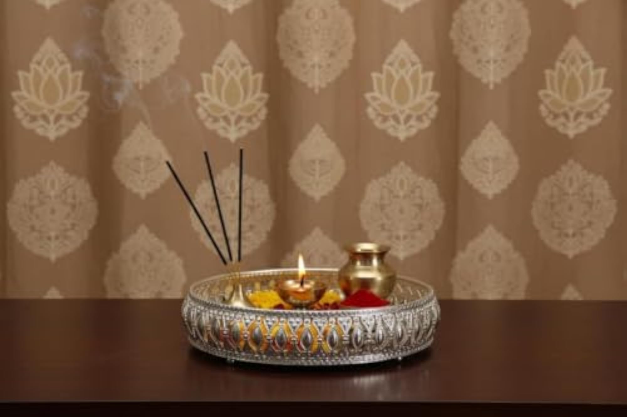 Decorative Round German Silver Pichwai Tray