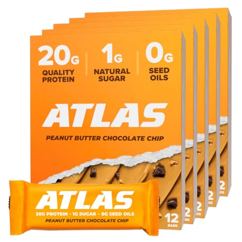 Image of Atlas Real Food Protein Bar - 20g Protein, 9g Fiber, 1g Sugar, No Seed Oils, No Artificial Sweeteners (Peanut Butter Chocolate Chip, 60 Count)