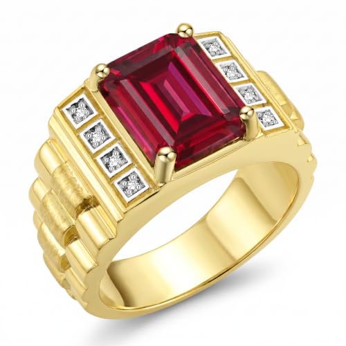 Rylos Men's Rings Yellow Gold Plated Silver Designer Style 10X8MM Emerald Cut Shape Gemstone & Diamonds Ruby July Birthstone Rings For Men Size 8