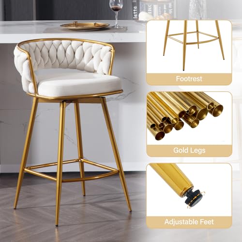 BV 26'' Velvet Counter Stools Set of 2, Luxury Bar Chair with Woven Back, 180° Swivel Bar Stools with Gold Legs for Kitchen Island, Mid Century Modern Counter Height Barstools for Dining Room, White - Image 5