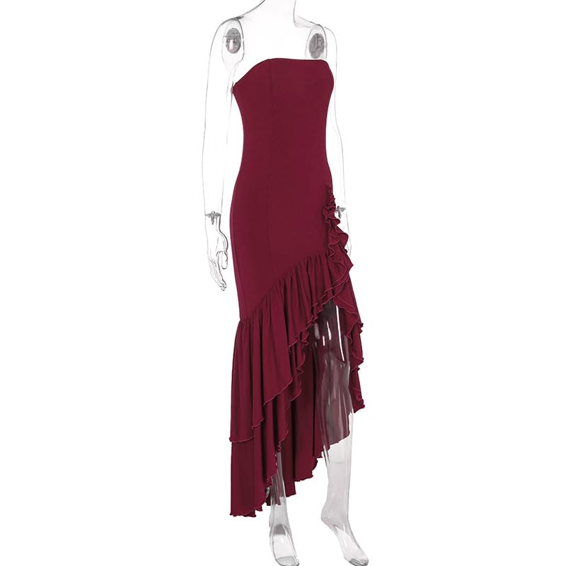 Image of Women's Sexy Strapless Backless High Split Long Maxi Dress Ruched Off Shoulder Sleeveless Bodycon Party Cocktail Dresses