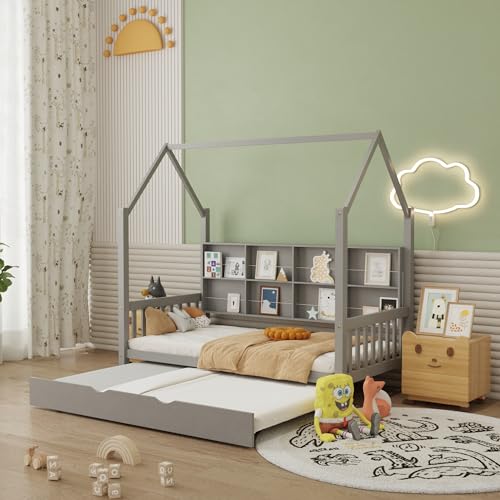 Twin-House-Bed-with-Trundle-Montessori-Platform-Bed-Frame-with-Headboard-and-Storage-Shelves-Wood-Playhouse-Bed-with-14-Fence-for-Kids-Girls-Boys-Gray-775-L-x-421-W-x-681-H Twin House Bed with Trundle Montessori Platform Bed Frame with Headboard and Storage Shelves Wood Playhouse Bed with 14 Fence for Kids Girls Boys Gray 775 L x 421 W x 681 H