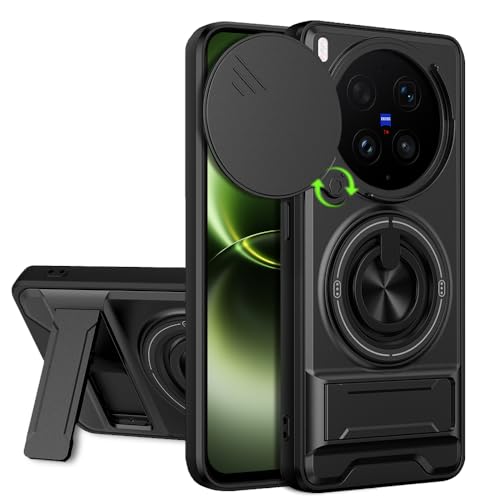 Image of AESTMO Vivo X300 Ultra 5G Back Cover | Armor Camera Slider 360 Degree Rotating Finger Ring Holder Case with Bracket Stand Back Case Cover (Compatible with MagSafe Accessories) (Black)
