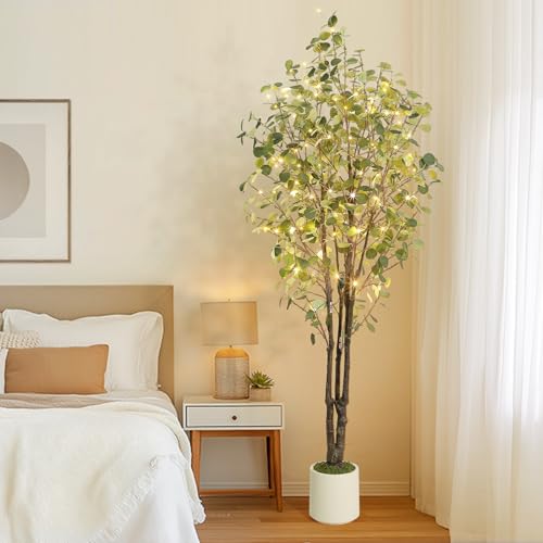 GarveeHome Artificial Eucalyptus Tree, 7ft Tall Fake Artificial Plant with White Planter,Large Faux Floor Plant Fake Silk Trees with 100 Lights Artificial Trees for Home Decor Indoor