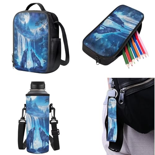 Moon Wolf Bookbag for Boys with Lunch Box 6-8 8-12 Kids Backpack Set Lightweight 17 Inch Bookbag with Front Pocket for Elementary Middle School Bags Large Capacity Back Pack for Teens3
