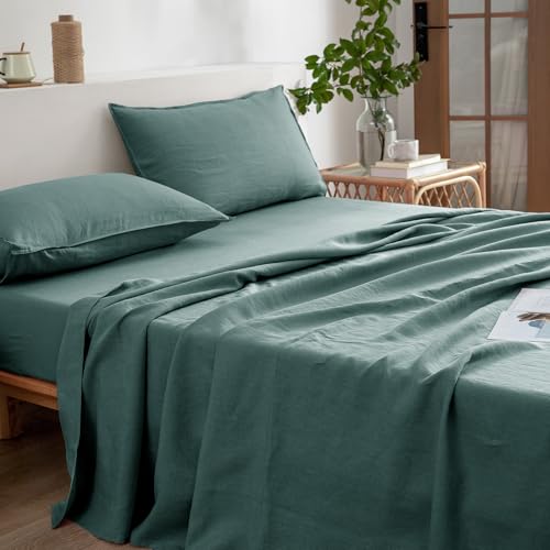 EVERLY Linen Sheets California King Size,100% Stonewashed French Linen Sheets Deep Pocket Sheets,4Pieces (1Flat Sheet,1Fitted Sheet,2Pillowcase) Natural Flax Soft and Breathable for Hot Sleepers-Aqua