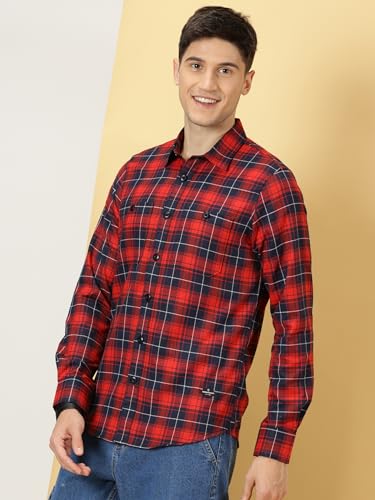 Image of Thomas Scott Men's | Checks | Full Sleeve | Slim Fit | Cotton Polyester Blend | Double Pocket | Spread Collar | Casual Shirt