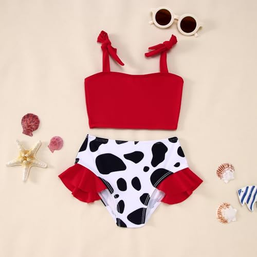 BOUTIKOME Toddler Baby Girl Two Piece Swimsuit Cow Print Swimwear Knot Top Flared Bottom Bikini Set Beach Bathing Suit 1-6T(Red,3-4T) - Thumbnail 2