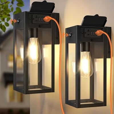 OYKYOHEI 2 Pack Porch Lights with GFCI Outlet, Dusk to Dawn Motion Sensor Outdoor Lights, 2 Lighting Modes Waterproof Anti-Rust Wall Sconce Lantern, Outside Light for House, Black