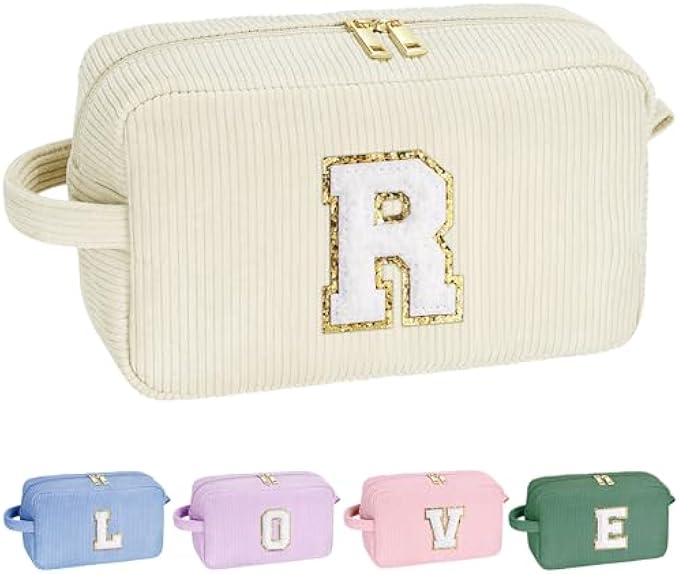 Purple Makeup Bag Makeup Pouch - Travel Makeup Bag Makeup Bags for Women Travel Essentials Corduroy Makeup Bag Cute Makeup Bag Large Makeup Bag Personalized Friend Gifts Mom Gifts Letter R