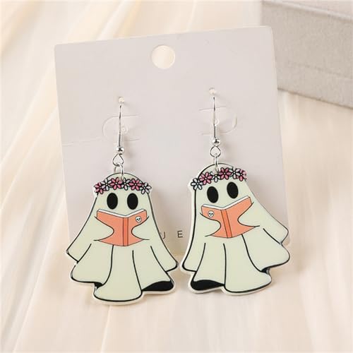 Halloween Ghost Earrings for Women Unique Funny Acrylic Ghost Print Pumpkin Dangle Earrings Handmade Lightweight Charm Spooky Candy Corn Witch Statement Earrings Halloween Cosplay Costume Party Jewelry Gift4