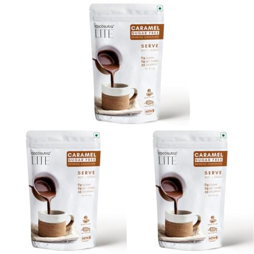 Image of COCOSUTRA SUGAR FREE Drinking Chocolate Mix - Caramel | Zero Sugar, Low Carb, Low Calorie | Stevia & Erythritol based | Keto Friendly Hot Chocolate | Vegan | Enjoy hot or cold | 200g (Pack of 3)