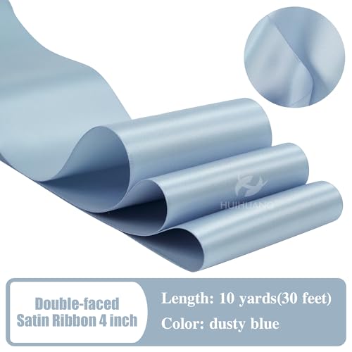 HUIHUANG Dusty Blue Satin Ribbon 4 inch Wide Double-Faced Dusty Blue Big Fabric Ribbon for Wedding Chair Sashes Large Bows Making Sewing Crafts Flower Bouquet Wrap Party Decor -Continuous 10 Yards