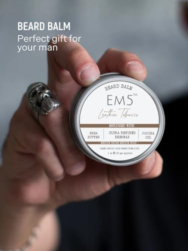 Image of EM5 Organic Beard Balm | Shape Style And Tame | Medium Hold & Shine | Long Lasting Fragrance | Mustache And Beards Wax For Him /Men (Leather Tobacco, Ocean Fresh, Woody Oud) | Pack of 3