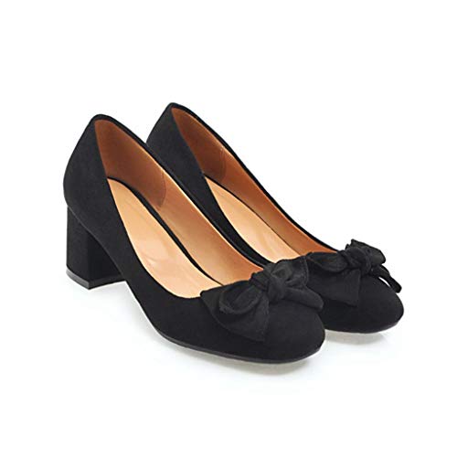 MIOKE Women's Chunky Mid Block Heel Pumps Square Toe Bowknot Suede Slip-On Comfort Work Office Dress Shoes2
