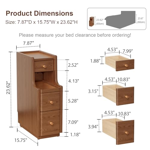 Image of Solid Wood Narrow Nightstand with 3 Drawers,Modern Walnut,Fully Assembled