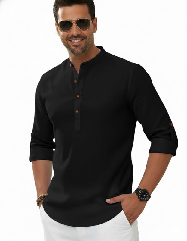 Image of Macsivo Men's Cotton Blend Solid Short Kurta with Regular Lenth Mandarin Neck Full Sleeves and roll-up tab| Kurta Style Shirt for Men