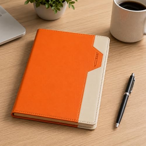 Image of A5 Soft PU Leather Notebook Journal with Pen Holder & Bookmark Ribbon, 120 Sheets /240 Pages Lined Paper, Premium Leather Diary for Office, Work, Business, Meeting Notes, Travel, Students & Professionals (21 X 15 CM) (Orange)