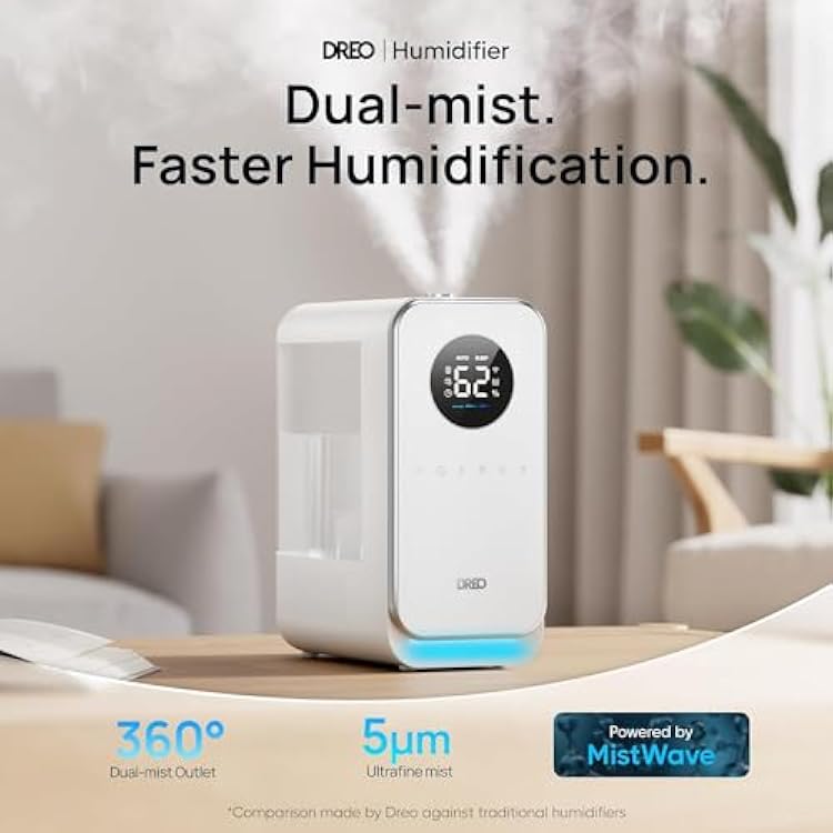 DREO Humidifiers for Bedroom, Top-filled Smart Quiet Cool Mist Humidifier for Large Room Home, Oil Diffuser & Nightlight, 50Hours Runtime for Indoor Plants, with Alexa/Google, White